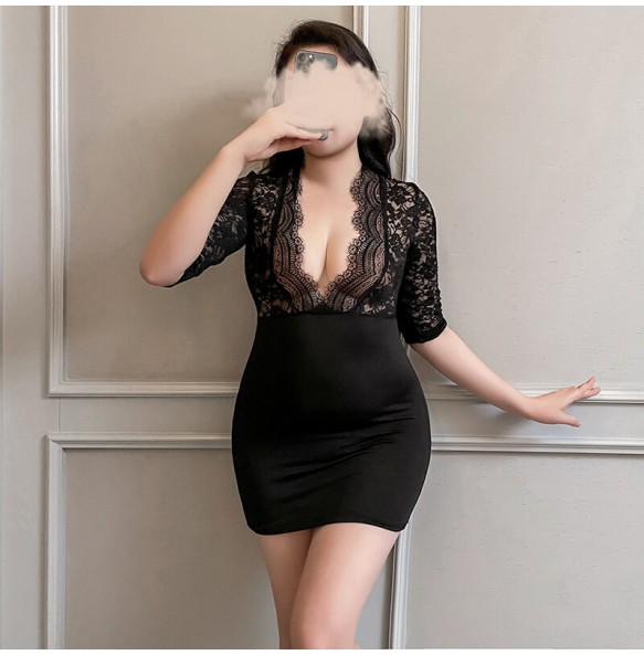 FEE ET MOI - Deep V Lace Sexy Hip-hugging Secretary Skirt (Plus Size - Black)